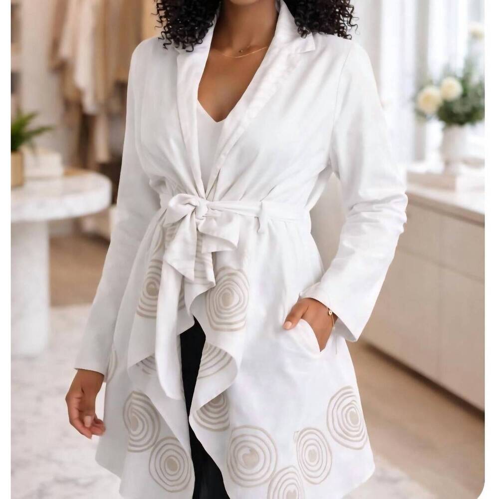 NEW STEP IN STYLE artisan spiral belted statement jacket in white gold